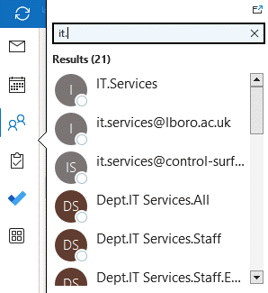 Screenshot of the alternative method to searching for a staff contact on Outlook 