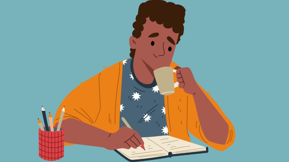 Illustration of a person writing in a notebook and drinking from a mug.