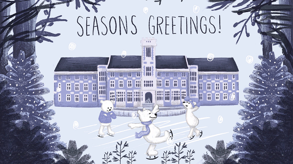An illustration of the Hazlerigg building and fountain surrounded by snow with three polar bears playing and dancing