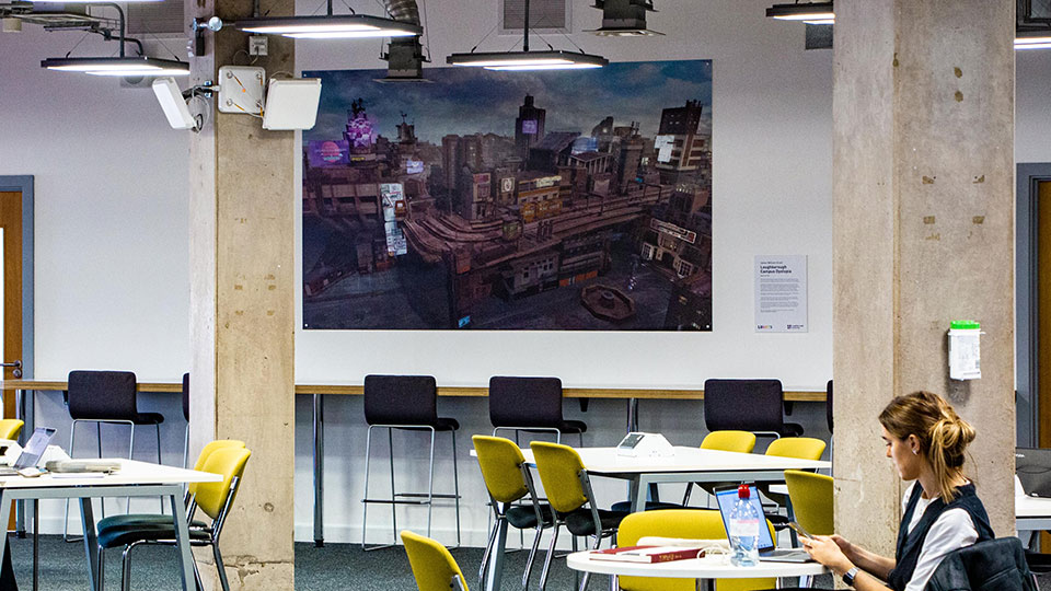 Loughborough Dystopian Campus artwork on wall of Library