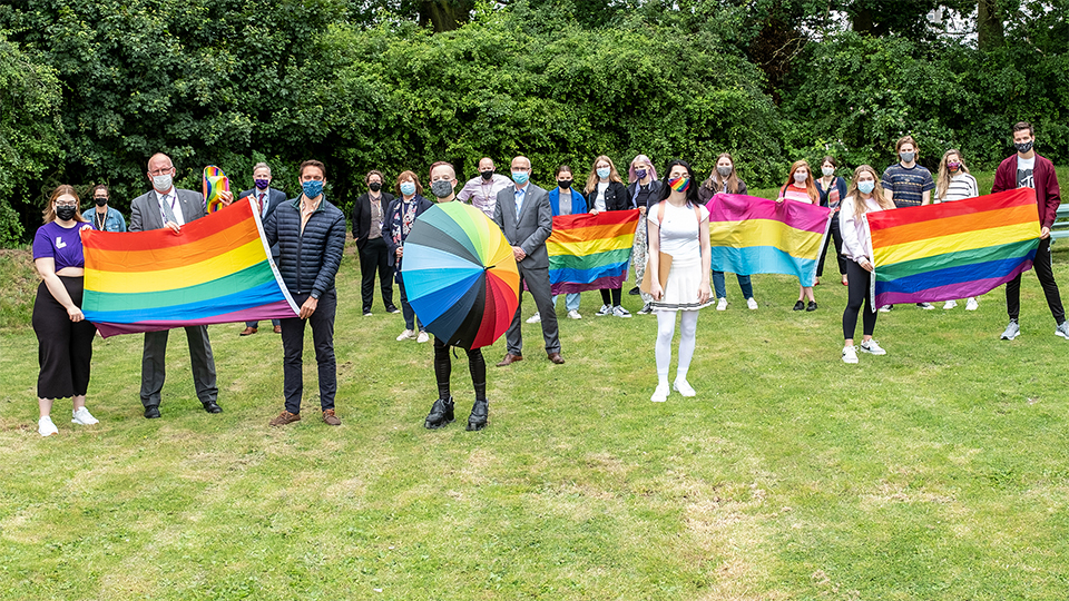Photo of staff and students at the 2021 LGBT+ Pride March