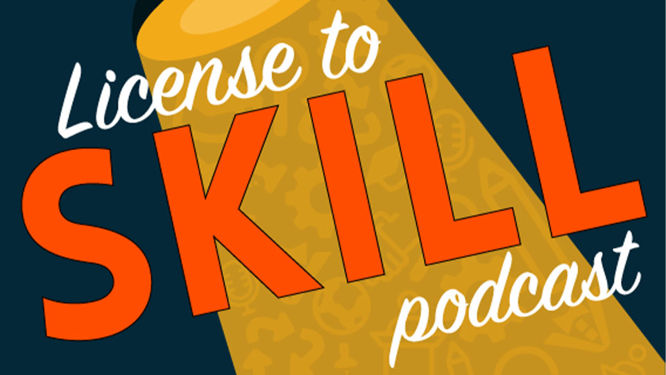 White text saying 'license to kill' on a purple background with yellow diagonal block going across