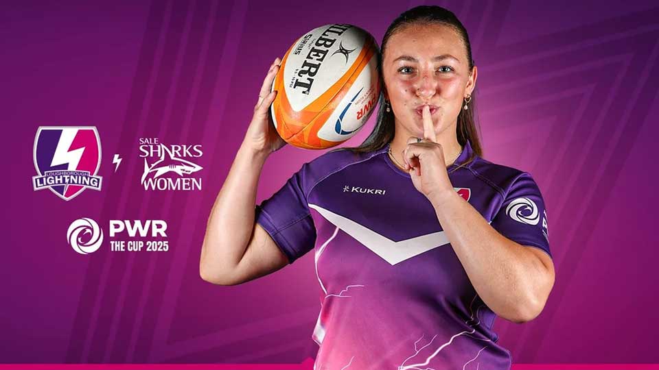 A Loughborough Lightning Rugby player holding a rugby ball against a purple background with the Lightning, PWR and Sharks logos.