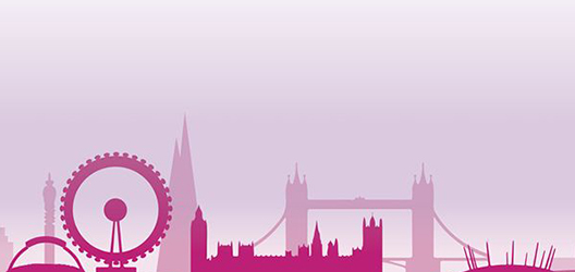 Graphic to promote London Open Evening, with London landmarks illustrated on a pink and purple background