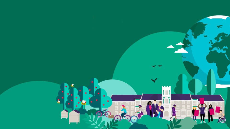 Hazlerigg building illustration with people and trees surrounding it with the planet Earth in the background