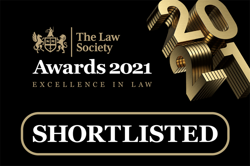 A black and gold graphic to show that an organisation has been shortlisted for a 2021 Law Society Award