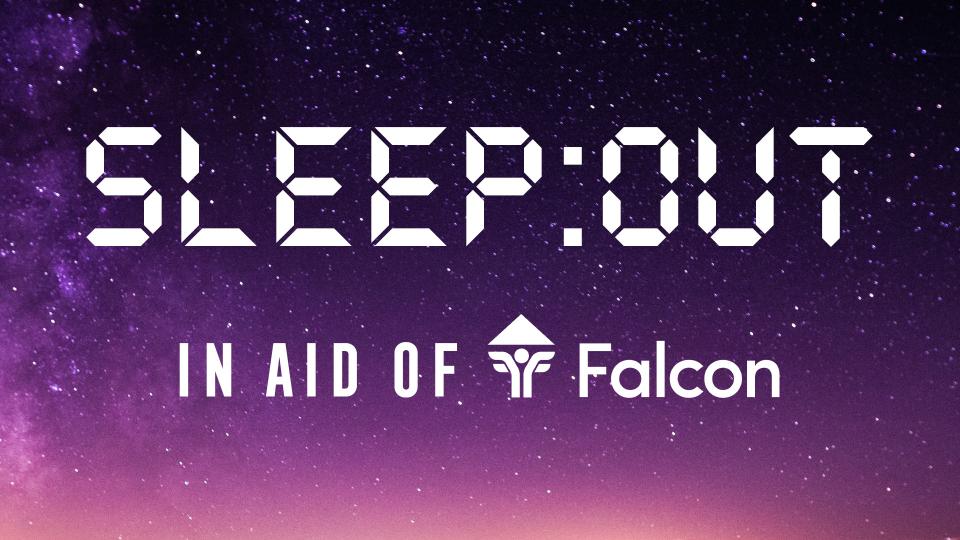 A purple night sky with 'Sleepout' written on top in a digital alarm clock font. 