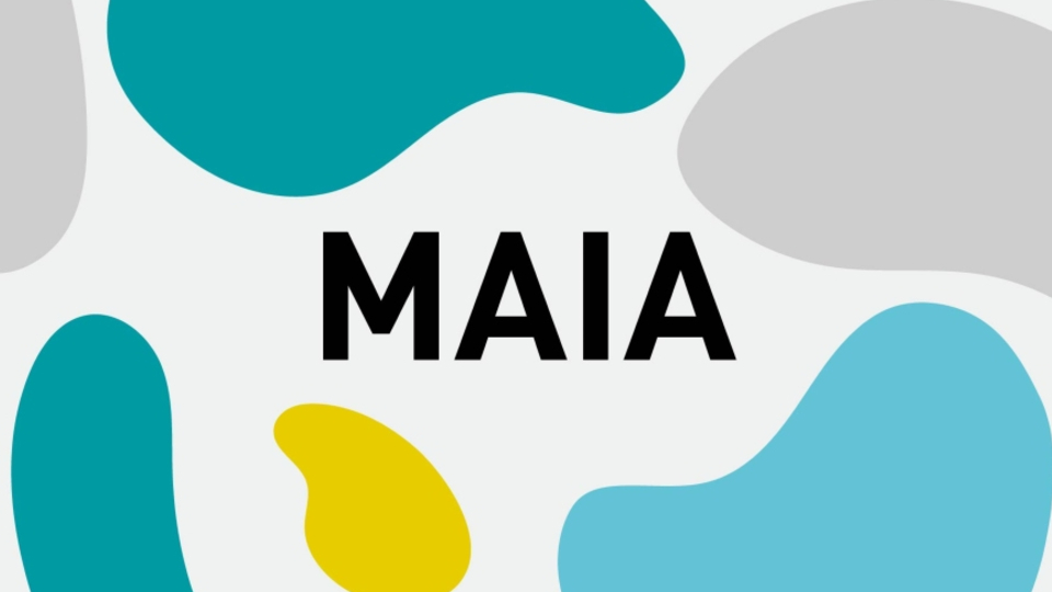 The Maia logo in the middle of blue, grey and yellow abstract shapes.