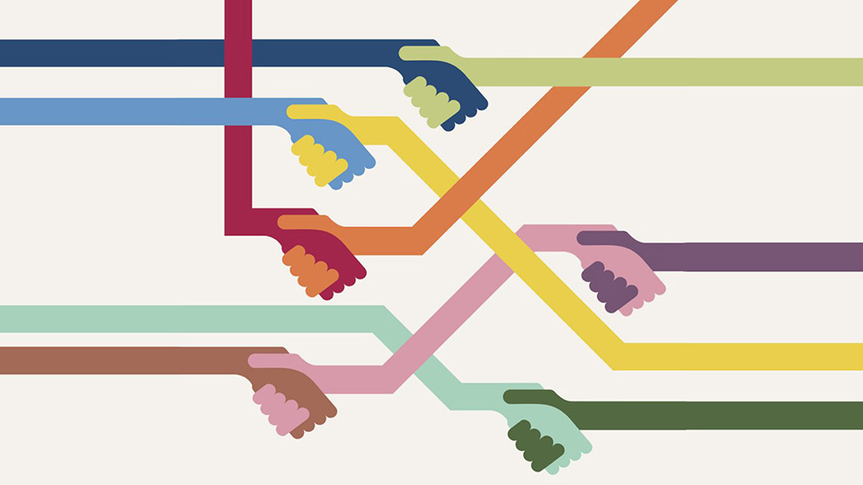 Colourful illustration of hands holding and crossing over each other.