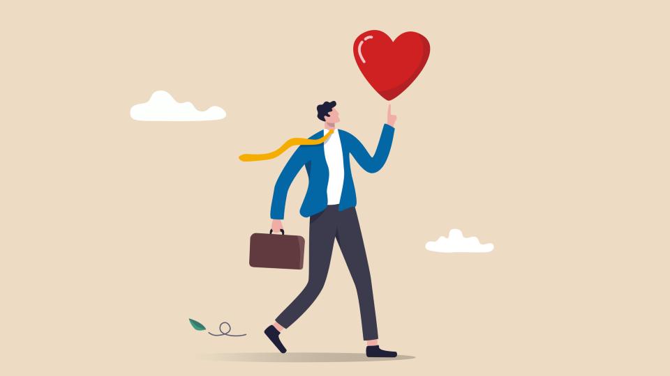 Illustration of a man walking in the wind, wearing a suit and tie, carrying a briefcase and balancing a red heart on the tip of his finger in the sky. 