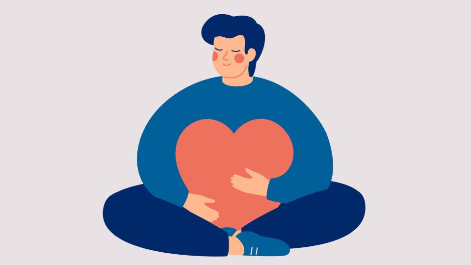Illustration of a man sitting in lotus pose, smiling and embracing a big red heart. 