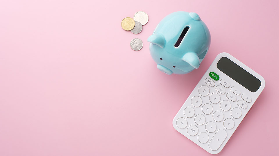 pink background with piggy bank, coins and a calculator