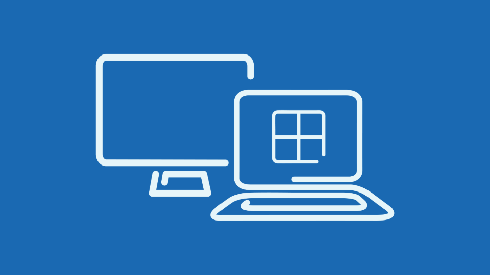 Blue background with a white icon of a monitor and a laptop with the Windows logo on the screen