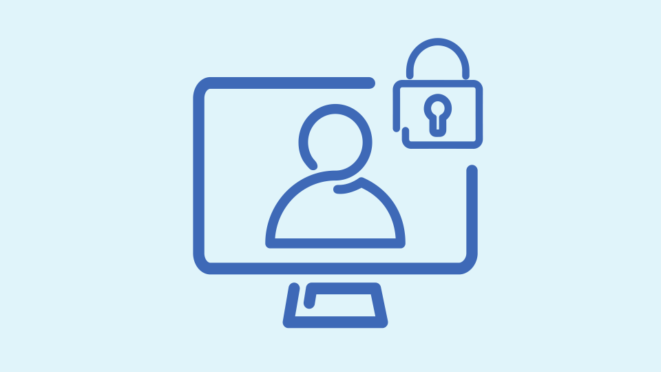 Blue icon of a monitor with a person on the screen and a padlock in the corner.