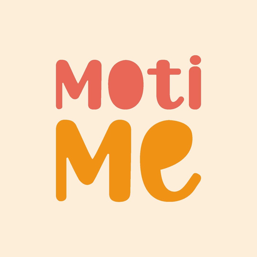 Peach background with Moti Me written in red and orange text