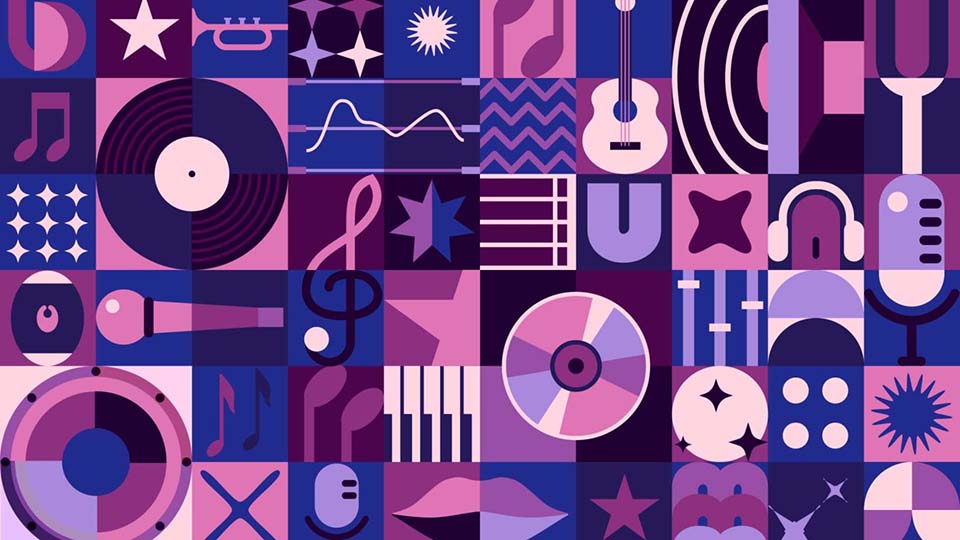 Colourful illustration representing music and sound, including musical notes, instruments and sound waves.