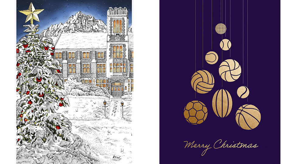 Ewa's Christmas card is purple with a gold balls from different sports used as baubles which are arranged in a shape similar to a Christmas tree. Myles' Christmas card design shows part of Hazlerigg on a dark night with the lights on inside and snow outside, with a Christmas tree appearing at the front