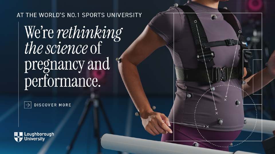 Shot of a pregnant woman running on a treadmill with straps attached. Text over the top of the image says 