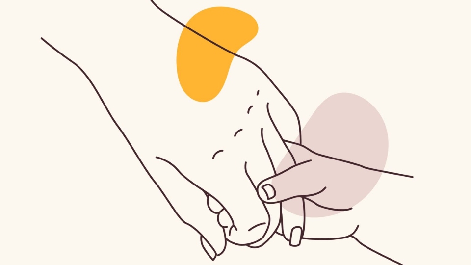 Outline of an adult hand holding a child's hand.