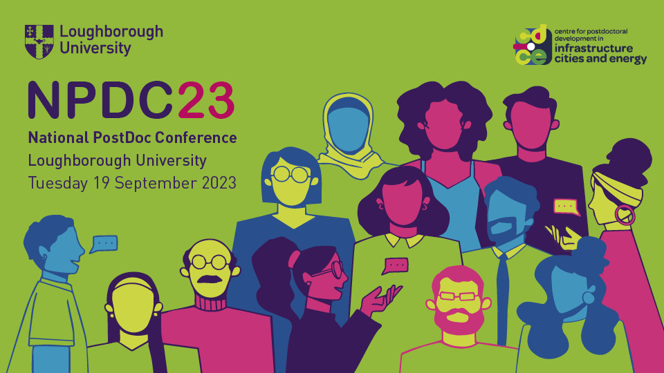 Illustration of different people in different colours on a green background, with the title of the Conference written on as well as the logos of Loughborough University and CDICE