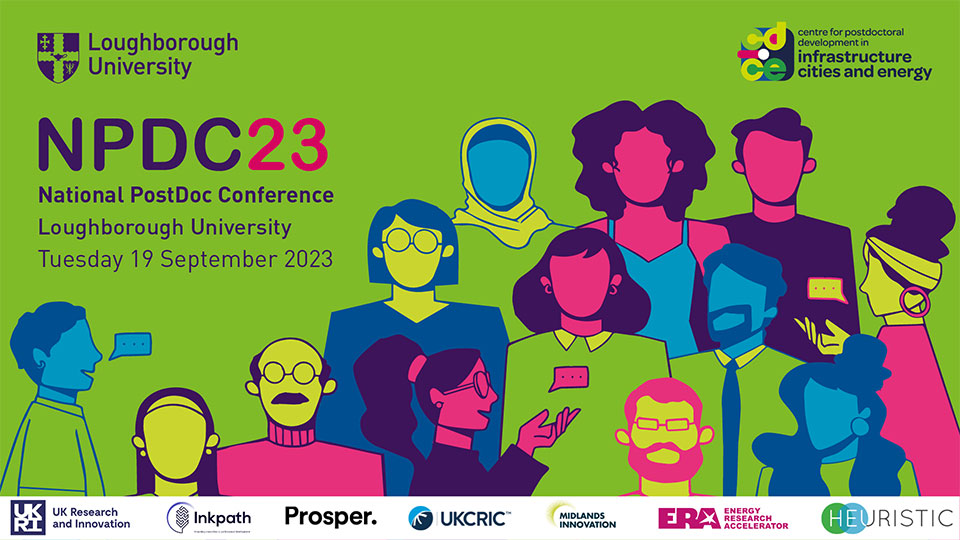 Green background with brightly coloured cartoon people. Text says 'NPDC 2023: National PostDoc Conference. Loughborough University. Tuesday 19 September 2023' in purple.