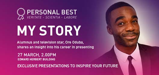 photo of Ore Oduba on banner to advertise Personal Best event