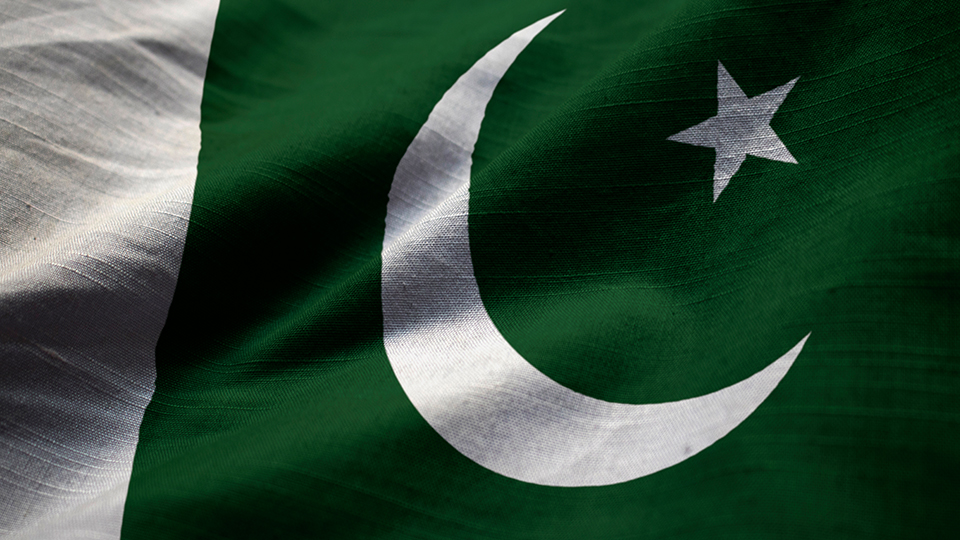 Image of the green and white national flag featuring a moon and a star