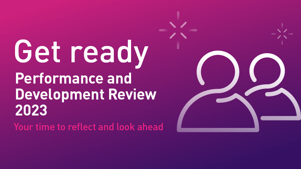 Purple and pink background with text about performance and development review alongside an icon of two peeople