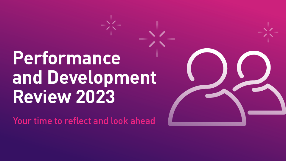 Purple and pink background with text about performance and development review alongside an icon of two peeople