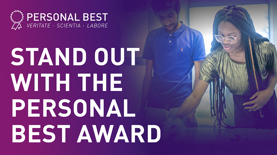 graphic with two students and Personal Best logo on with the words 'Stand out with the Personal Best Award'