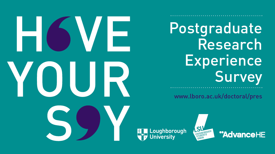 Teal background with 'Have your say, Postgraduate Research Experience Survey' in white text