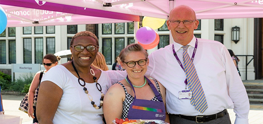 Photo of Pauline, Bob and Bake-Off contestant at Rainbows charity event