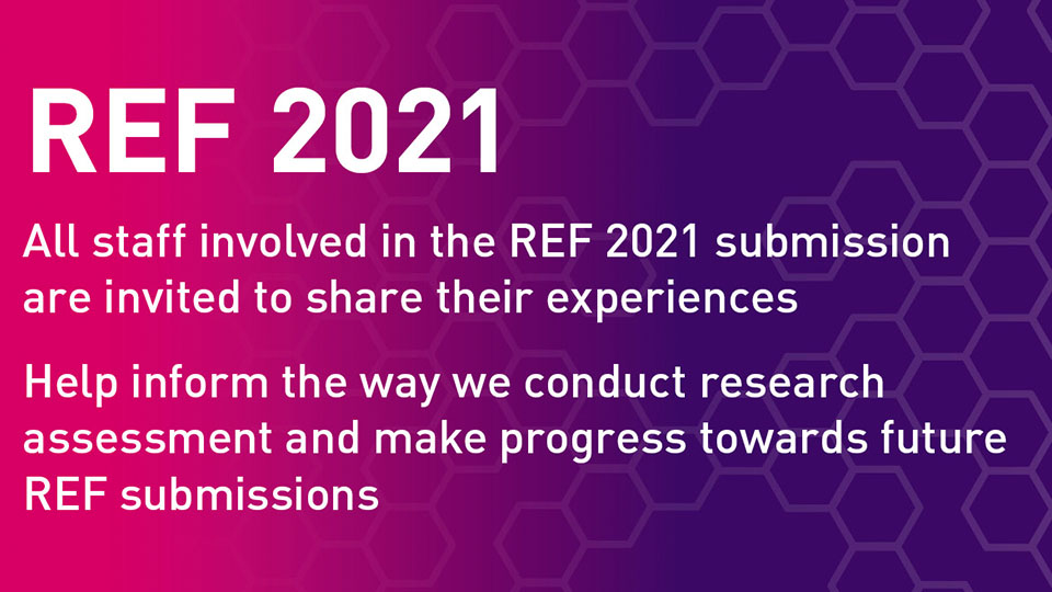 Purple and pink graphic with text on about taking part in the REF Survey 