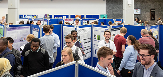 photo of Doctoral College research showcase in Summer 2018 showing students/researchers and research posters on display