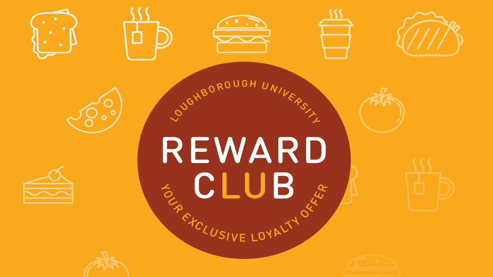 Orange and red graphic used to promote Reward Club with food icons