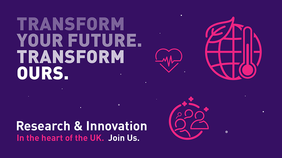 Purple graphic with pink icons demonstrating wellbeing, inclusive communities, and sustainability. It also has text saying 'Transform your future. Transform ours' in big bold letters