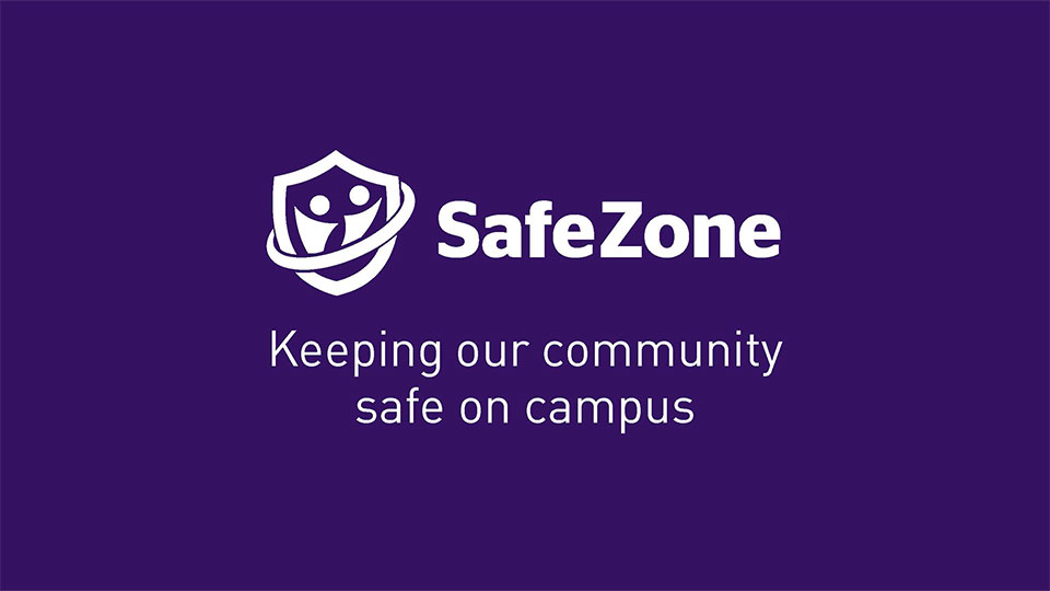 SafeZone logo and text on a purple background with the slogan 'Keeping out community safe on campus'