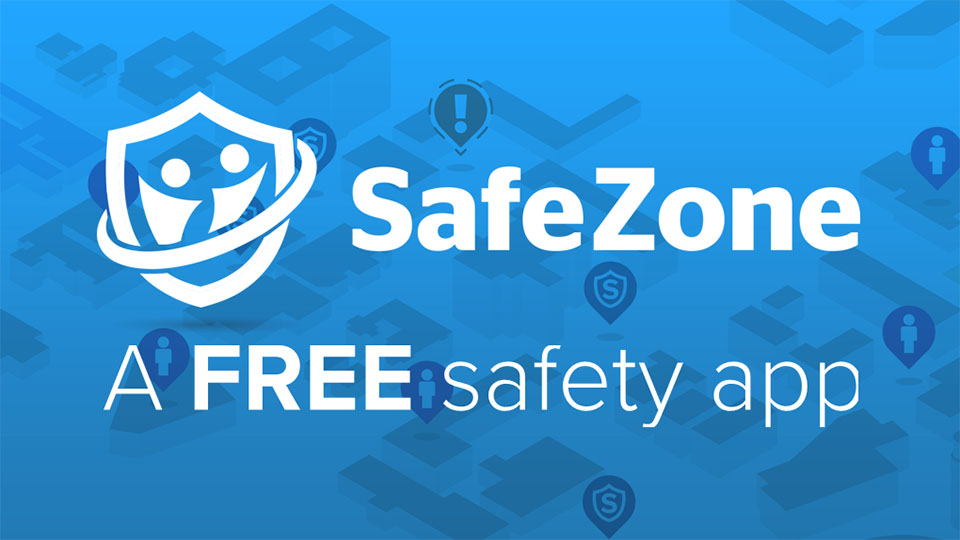 Blue background with the SafeZone logo and text reading 'Free safety app'.