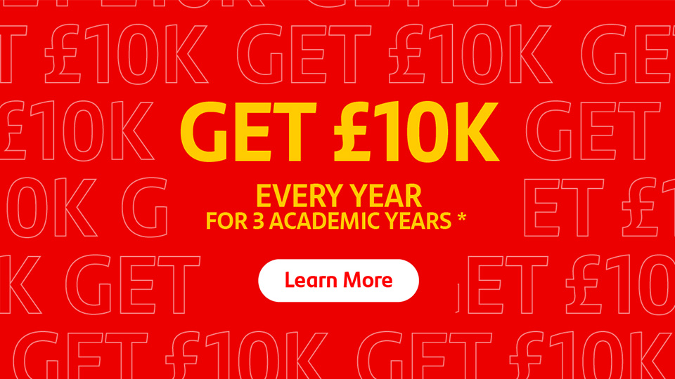 Red and yellow banner with '£10k per year' in big letters 