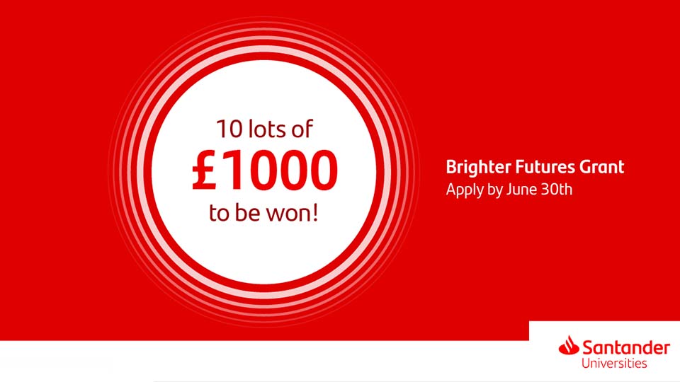 Red banner with white and red text on saying '10 lots of £1,000 to be won!' with the Santander Universities logo included