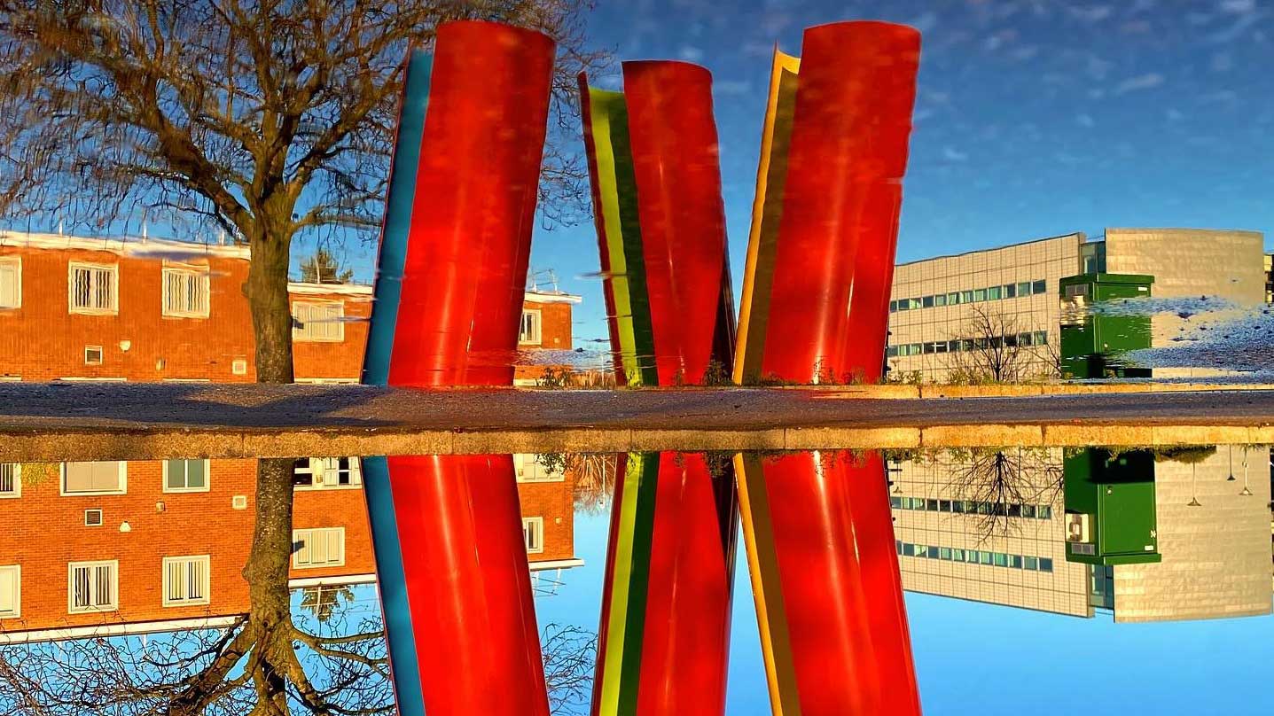 Sculpture on campus on sunny day