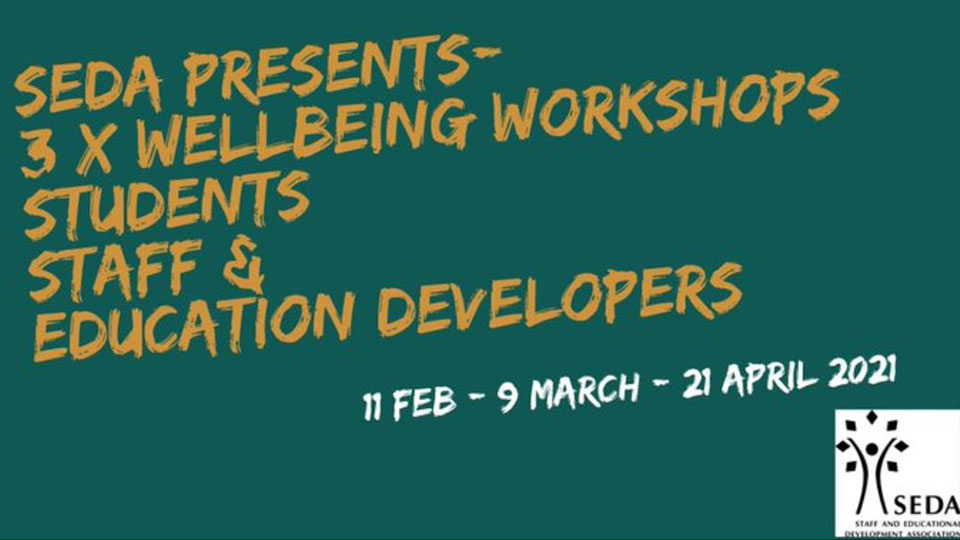 Green background with gold writing about the SEDA workshops, including the dates and the SEDA logo