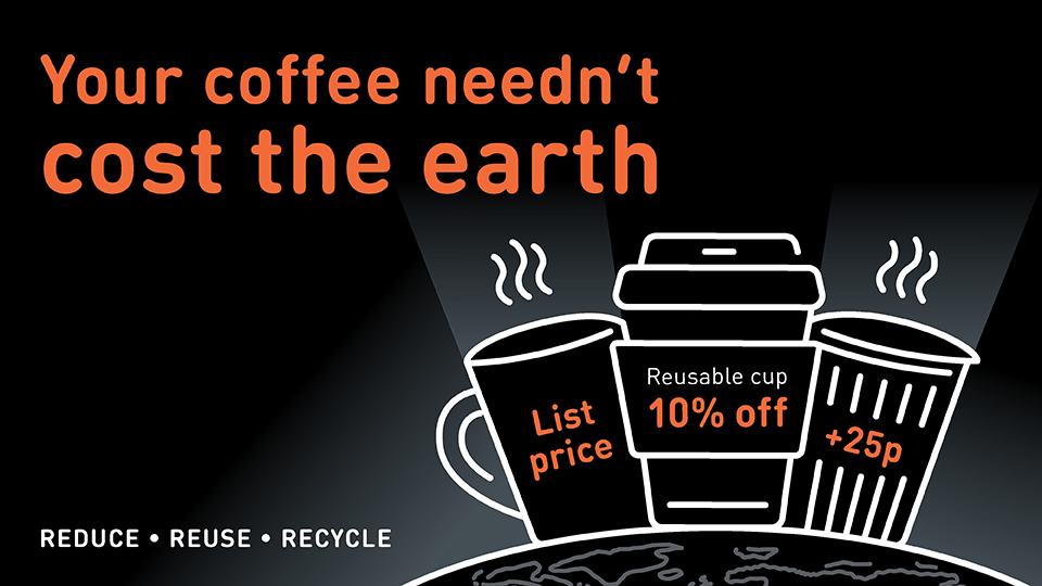 Words 'Your coffee neednt cost the earth' with icons of a single-use cup, resusable cup and a mug