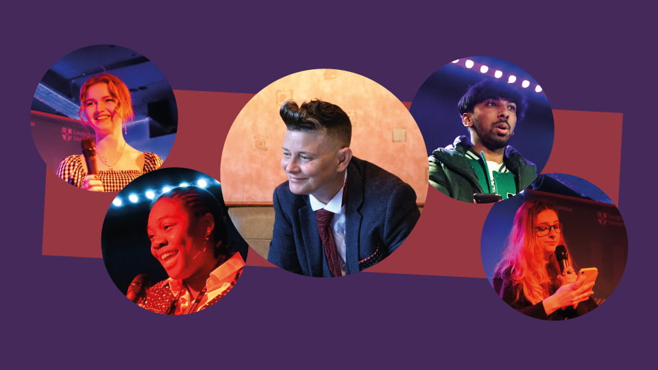 Purple background with five circle shaped photographs of poets.