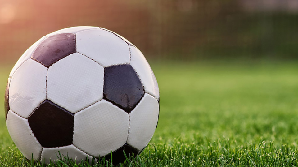 Image of leather black and white football on the grass