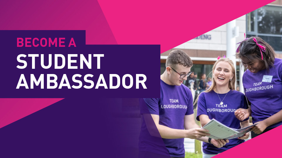 Three student ambassadors on a purple and pink background. Text says 'Become a Student Ambassador'