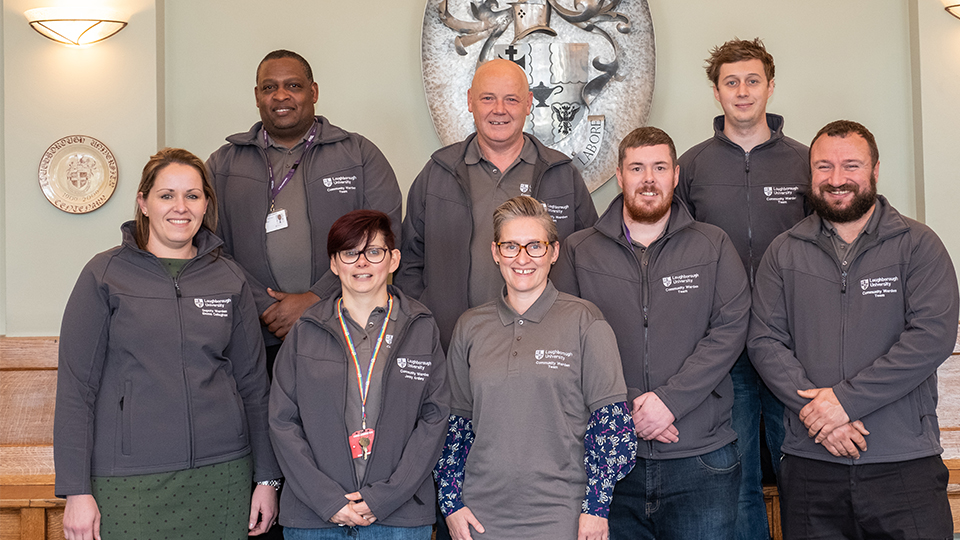 Photo of the 2019/20 Community Wardens team, taken in the Billiard Room of Hazlerigg Building at the University 