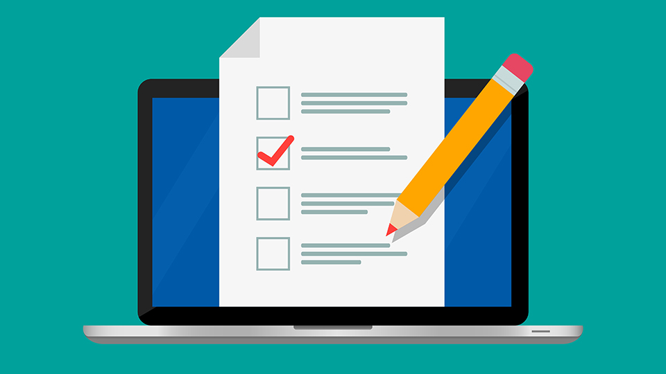 Illustration of an online survey on a laptop with red ticks on the screen. All based on a green background