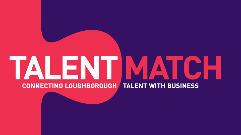 Purple background with pink jigsaw piece. 'Talent Match: Connecting Loughborough Talent with Business' text in white.