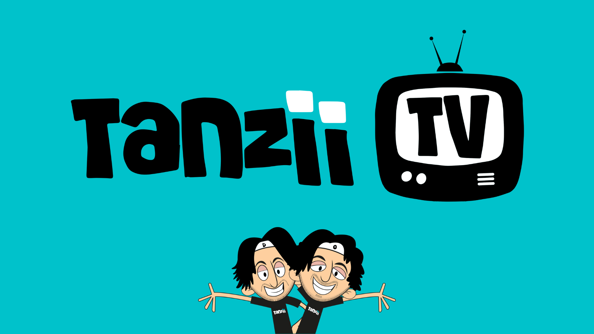 Blue background with Tanzii TV in black text and two cartoons of men at the bottom
